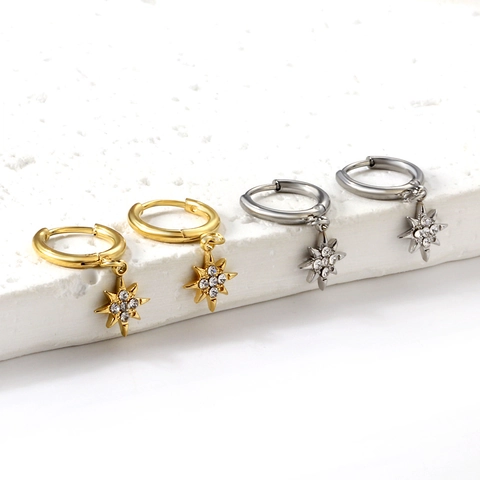 Stainless Steel Hoop Earrings Gold Plated Cubic Zirconia Dangle Planet Heart Mushroom Butterfly Star Jewelry For Women