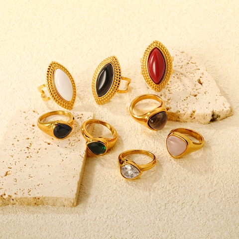 Anello Pietra Preziosa Vintage Acciaio Inossidabile Placcato Oro 18K Fascia Larga Marquise Forma Pera Donna