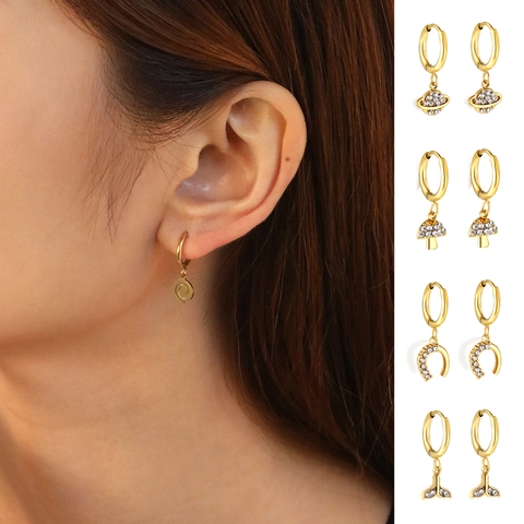 Stainless Steel Hoop Earrings Gold Plated Cubic Zirconia Dangle Planet Heart Mushroom Butterfly Star Jewelry For Women