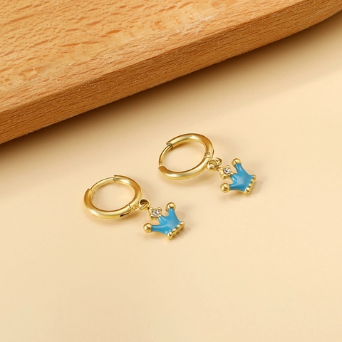 Stainless Steel Hoop Earrings With Blue Enamel Crown Pendant And Rhinestone Cute Fashion Jewelry For Women Girls