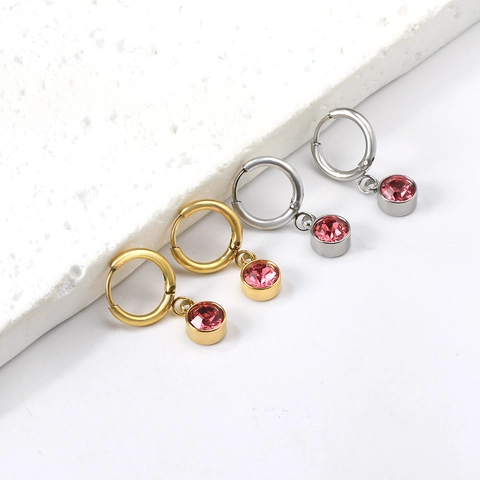 Stainless Steel Hoop Earrings With Pink Round Crystal Pendant Minimalist Gold Plated Antiallergic Jewelry For Women