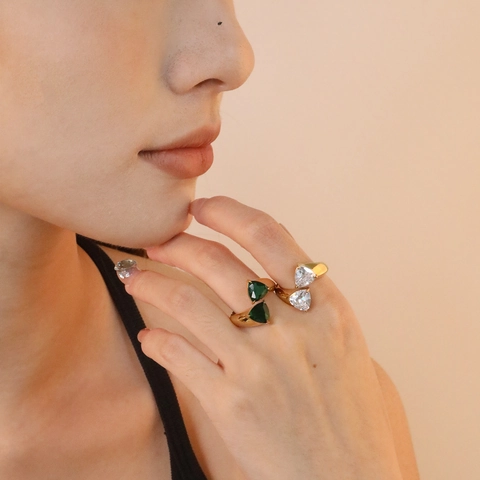 Anillo Abierto Geométrico De Acero Inoxidable Chapado En Oro De 18K Circón Esmeralda Joyería Ajustable Para Mujer