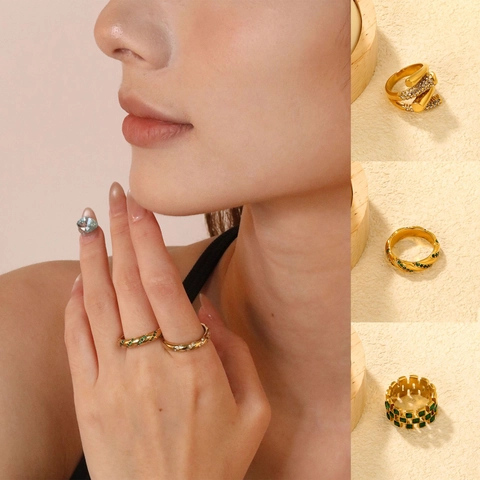 Vintage Edelstahl Ring 18K Vergoldet Smaragdgrün Zirkonia Geflochten Geometrisch Hohl Gitter Schmuck Für Damen