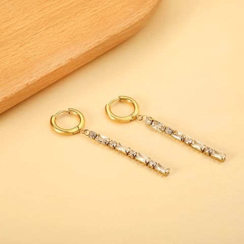 Vergoldete Edelstahl Lange Hänger Ohrringe Weiße Zirkonia Lineare Bar Geometrischer Eleganter Schmuck Für Damen