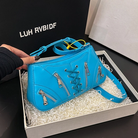 Sac Baguette pour Femme Vintage en Cuir PU Style Motard Avec Lacets Fermeture Éclair Décorative Rivet Sac Bandoulière Punk
