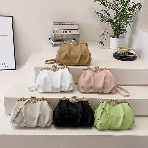 Women Pleated Shell Crossbody Bag Vintage PU Leather Handbag With Rhinestone Floral Kiss Lock Buckle Evening Clutch Bag