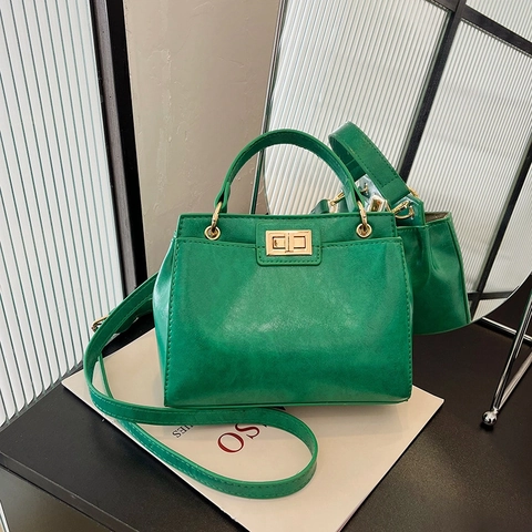 Vintage PU Leather Crossbody Bag Women Small Square Handbag With Gold Turn Lock Adjustable Strap Single Handle