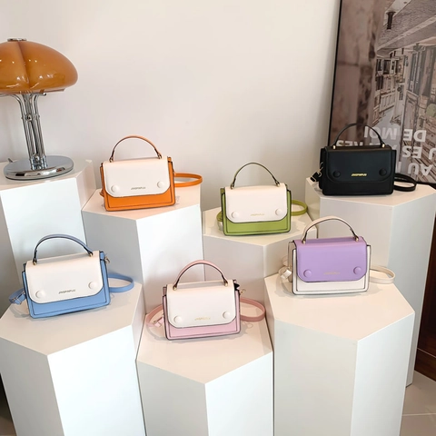 Women Trendy Color Block PU Leather Shoulder Bag Small Square Crossbody Handbag With Top Handle Stylish Commute Ladies Fashion Purse