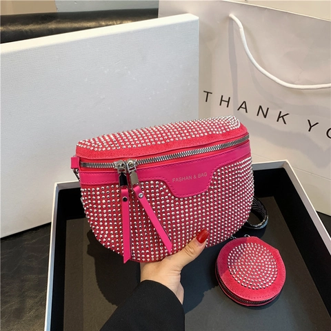 Damen Strass Gürteltasche Mode Brusttasche Mit Rundem Kleingeldfach Kontrastfarbenem Breitem Gurt Umhängetasche Lässig Party