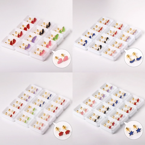Stainless Steel Stud Earrings Heart Star Moon Flower Shape Enamel Colorful Screw Back Twist Piercing For Women Girls