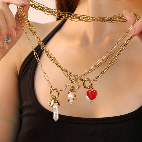 Pendenti In Acciaio Inossidabile Placcato Oro 18K Cuore Peperoncino Sole Conchiglia Con Perla Artificial Barocca Accessori Gioielli DIY
