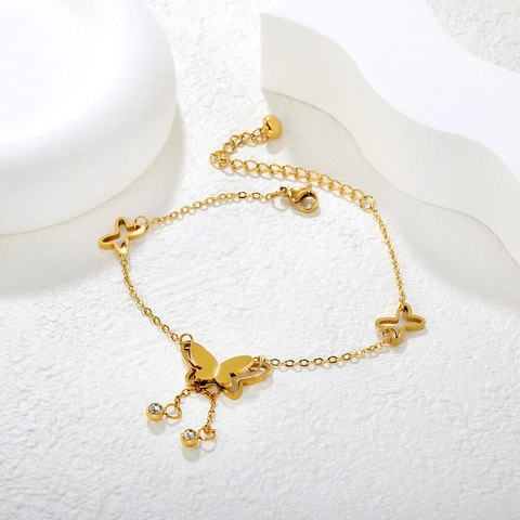 Tobillera De Mariposa Chapada En Oro De 18K Acero Inoxidable Diseño Hueco Zircon Borla Colgante Cadena Para Mujer Joyería