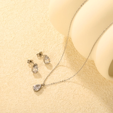 Pear Shaped Zircon Necklace And Earrings Stainless Steel Minimalist Elegant Water Drop Jewelry For Women Simple Style