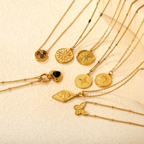 Collana In Acciaio Inossidabile Placcato Oro 18K Vintage Da Donna Pendente Sole Stella Cuore Farfalla Numero Romano Moneta