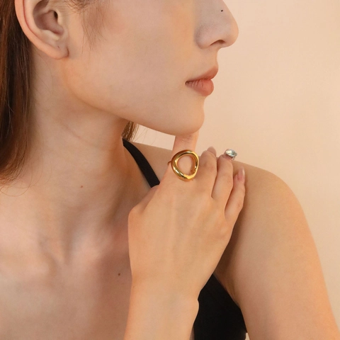 Irregular Hollow Geometric Circle Ring Stainless Steel 18K Gold Plated Open Adjustable Minimalist Jewelry For Women