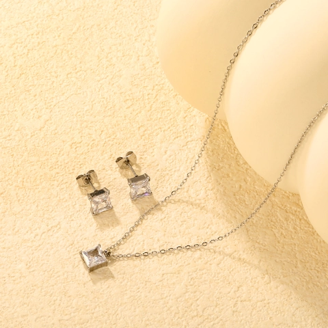 Bijoux En Acier Inoxydable Mode Élégante Collier Pendentif Zircone Cubique Carré Et Boucles Oreilles Pour Femmes