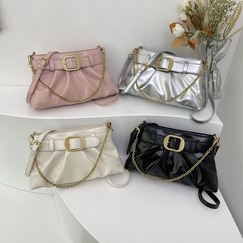 Damen Geraffte Umhängetasche PU Leder Unterarm Schultertasche Mit Goldener Kette Metallschnalle Große Kapazität Mode Tasche