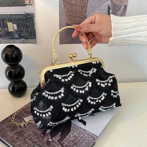 Borsa Da Sera Con Paillettes Donna Vintage Pizzo Motivo A Onde Pochette Con Manico In Metallo Catena Rimovibile Tracolla