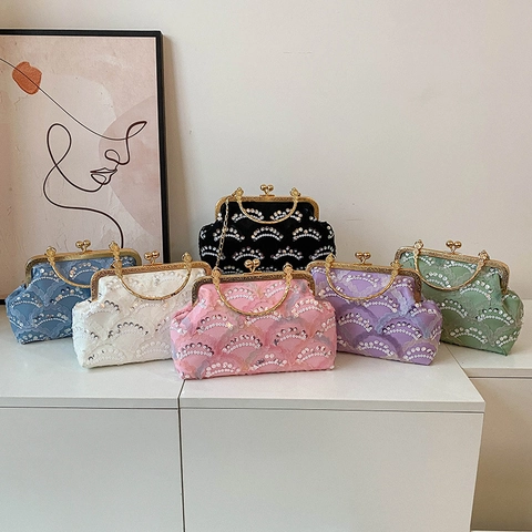 Borsa Da Sera Con Paillettes Donna Vintage Pizzo Motivo A Onde Pochette Con Manico In Metallo Catena Rimovibile Tracolla