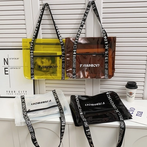 Women Fashion Transparent PVC Tote Bag Large Capacity Waterproof Shoulder Bag With Letter Webbing Straps Beach Casual Bag