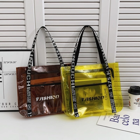 Women Fashion Transparent PVC Tote Bag Large Capacity Waterproof Shoulder Bag With Letter Webbing Straps Beach Casual Bag