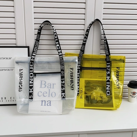 Women Large Capacity Tote Bag Transparent PVC PU Leather Letter Print Chic Modern Casual Streetwear Shoulder Handbag