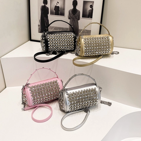 Rhinestone Cylinder Barrel Bag Pu Leather Sparkling Party Evening Handbag With Chain Strap For Women