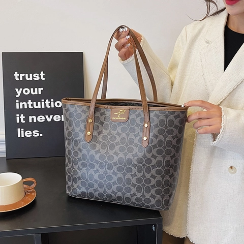 Borsa Tote Grande Donna Pelle PU Stampa Monogramma Vintage Borsa A Spalla Moda Viaggio Borsa A Mano Chiusura Lampo