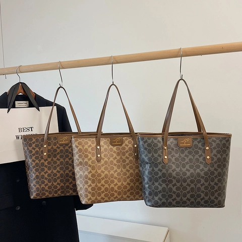 Borsa Tote Grande Donna Pelle PU Stampa Monogramma Vintage Borsa A Spalla Moda Viaggio Borsa A Mano Chiusura Lampo