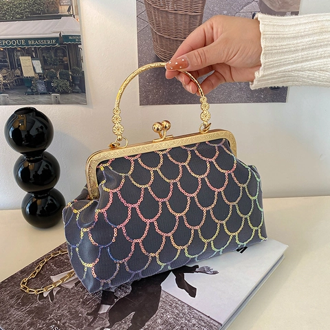 Borsa da Sera Vintage con Paillettes a Scaglie di Pesce per Donna Borsa a Mano con Chiusura a Scatto e Manico in Metallo Tracolla Festa Matrimonio