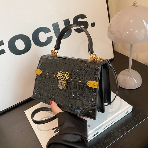 Women Crossbody Bag Crocodile Pattern PU Leather Vintage Gold Lock Buckle Top Handle Shoulder Square Handbag Elegant