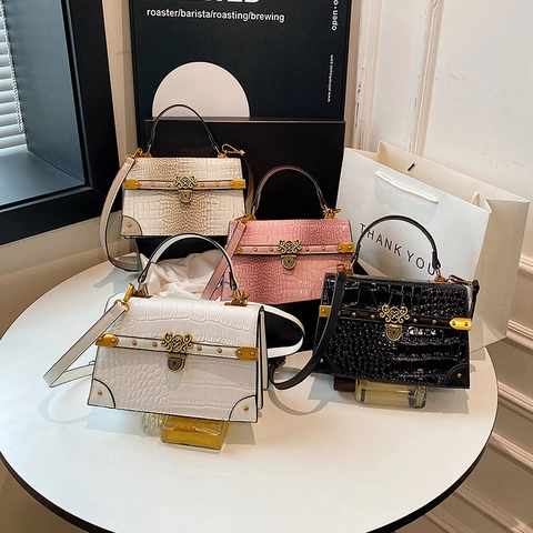 Women Crossbody Bag Crocodile Pattern PU Leather Vintage Gold Lock Buckle Top Handle Shoulder Square Handbag Elegant