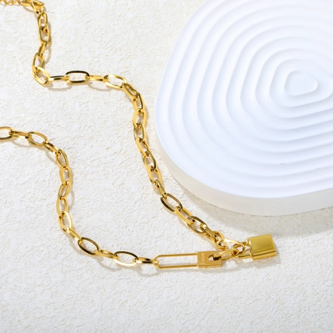 Collier Pendentif Cadenas de Coeur en Acier Inoxydable pour Femme Plaqué Or 18K Gravé Love Chaîne Gourmette Bijoux