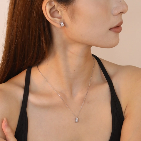 Collana E Orecchini In Acciaio Inossidabile Zircone Ciondolo Rettangolare Gioielli Minimalisti Per Donne Accessori Moda