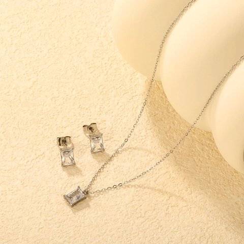 Collana E Orecchini In Acciaio Inossidabile Zircone Ciondolo Rettangolare Gioielli Minimalisti Per Donne Accessori Moda