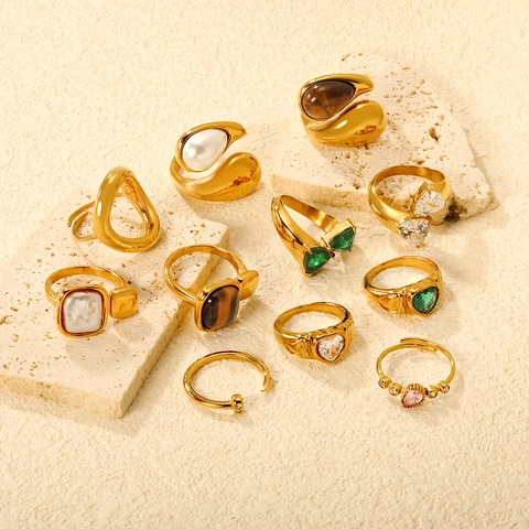 Asymmetrische Hart Tijgeroog Roestvrijstalen Open Ringen Verguld Vintage Geometrische Zirkoon Verstelbare Mode-Sieraden Voor Dames