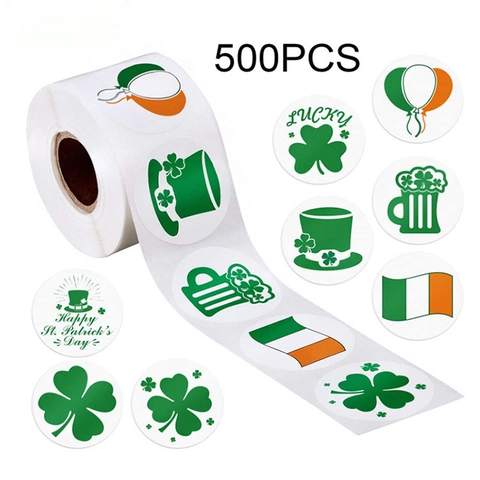 Rouleau Autocollant Saint-Patrick Rond Papier Couché Trèfle Vert Chapeau Irlandais Décoratif Pour Emballage Cadeau De Fête