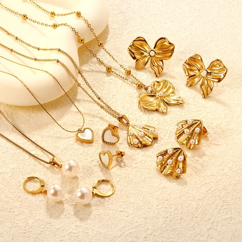 Stainless Steel Necklace And Earrings For Women Gold Plated Butterfly Heart Shell Pendant With Artificial Pearl Elegant Accessory