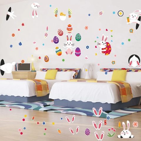 Easter Bunny Stickers Rabbit Eggs Carrots Chicks Removable PVC Window Decals Spring Festive Holiday Home Decoration