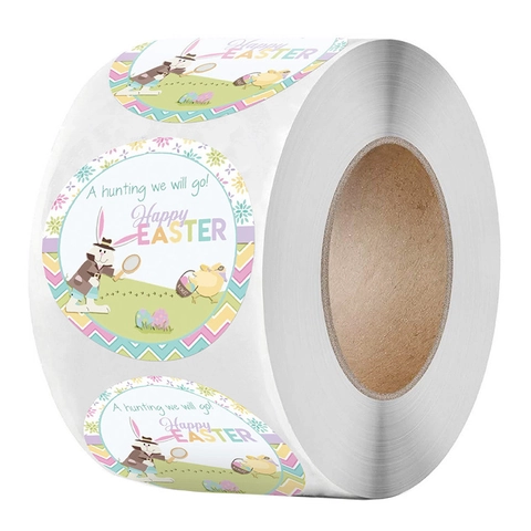 Autocollants en Rouleau Lapin Poussin Œuf de Pâques Étiquettes Rondes Adhésives pour Décoration de Cadeau de Vacances et Fête
