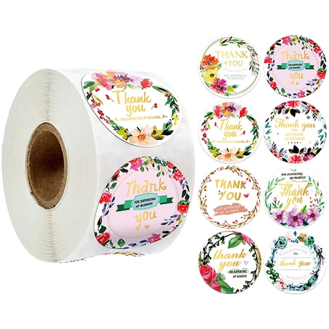 Autocollants Floraux Thank You Étiquettes Rondes En Feuille D'Or Pour Emballage De Petite Entreprise Décoratif Adhésif
