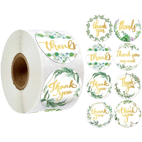 Autocollants De Merci Rouleau Rond Dorure Florale Couronne De Verdure Étiquettes Auto-Adhésives Pour Emballage De Cadeaux