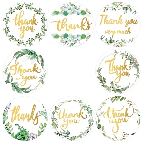 Autocollants De Merci Rouleau Rond Dorure Florale Couronne De Verdure Étiquettes Auto-Adhésives Pour Emballage De Cadeaux