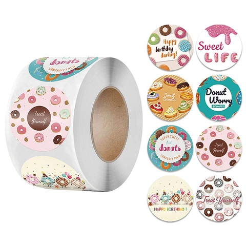 Étiquettes Autocollantes Rondes Donut Joyeux Anniversaire Sceaux D'Emballage De Cadeau De Cuisson Colorés Autocollants En Papier