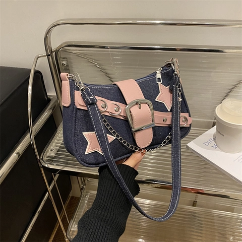 Bolso de Axila de Mezclilla con Parche de Estrella Y2K Mujer Rosa Contraste Color Cadena Decoración Hombro Baguette Bolso
