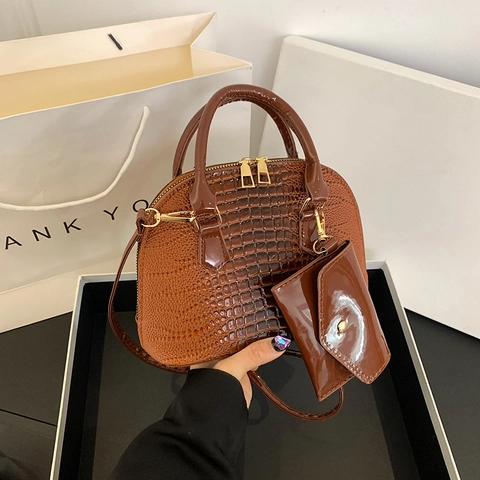 Sac Coquillage en Cuir PU Gaufré Croco Et Mini Pochette Rétro Femmes Sac à Bandoulière Quincaillerie Dorée Sac à Main Mode