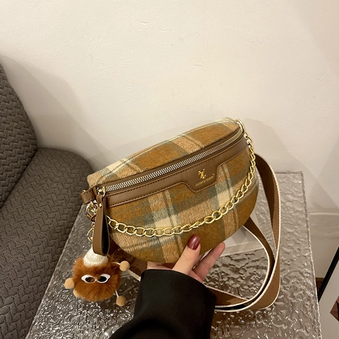Vintage Plaid Tweed Chest Bag Women Retro Checkered Crossbody Waist Pack With Gold Chain Wide Strap And Plush Charm