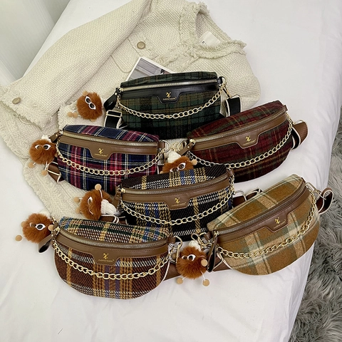 Vintage Plaid Tweed Chest Bag Women Retro Checkered Crossbody Waist Pack With Gold Chain Wide Strap And Plush Charm