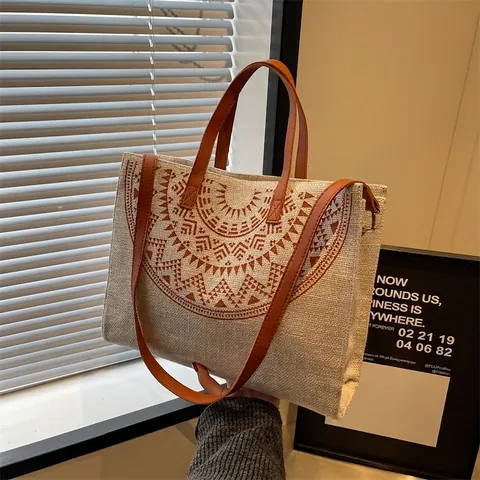 Boho Geometrischer Druck Leinen Canvas Tote Bag Für Frauen Große Kapazität Schulter Crossbody Handtasche Mit Ledergriff