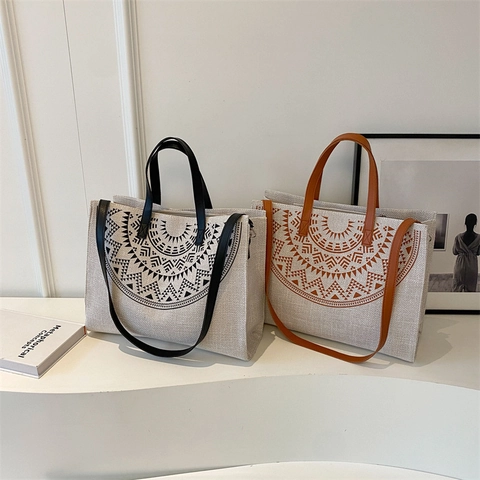 Boho Geometrischer Druck Leinen Canvas Tote Bag Für Frauen Große Kapazität Schulter Crossbody Handtasche Mit Ledergriff